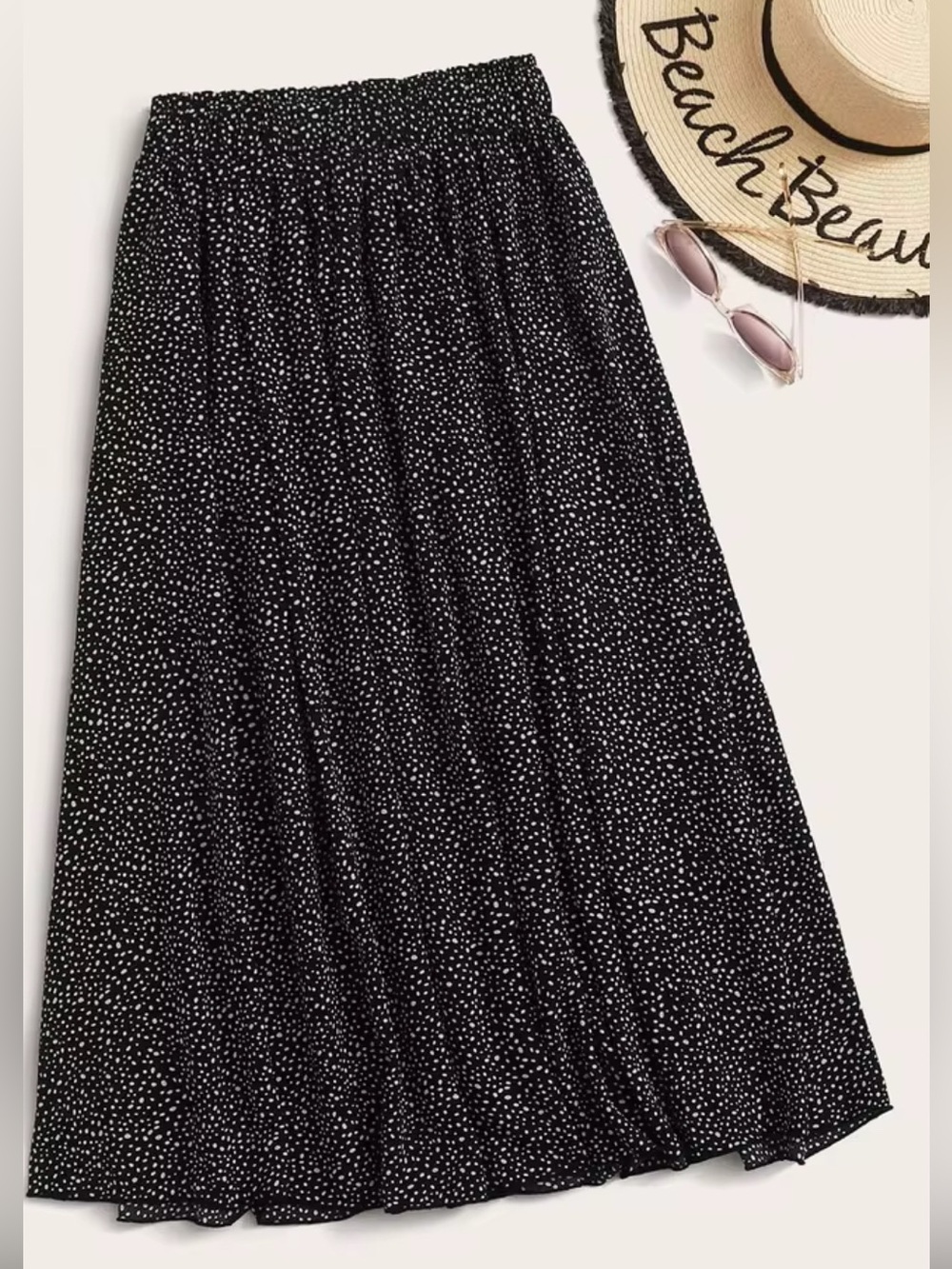 Women's Flowy Elastic Waist Midi Flared Skirt Dalmatian Print Micro Polka Dot